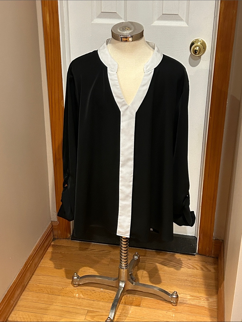 SHEIN Black Blouse with White Trim V-Neck